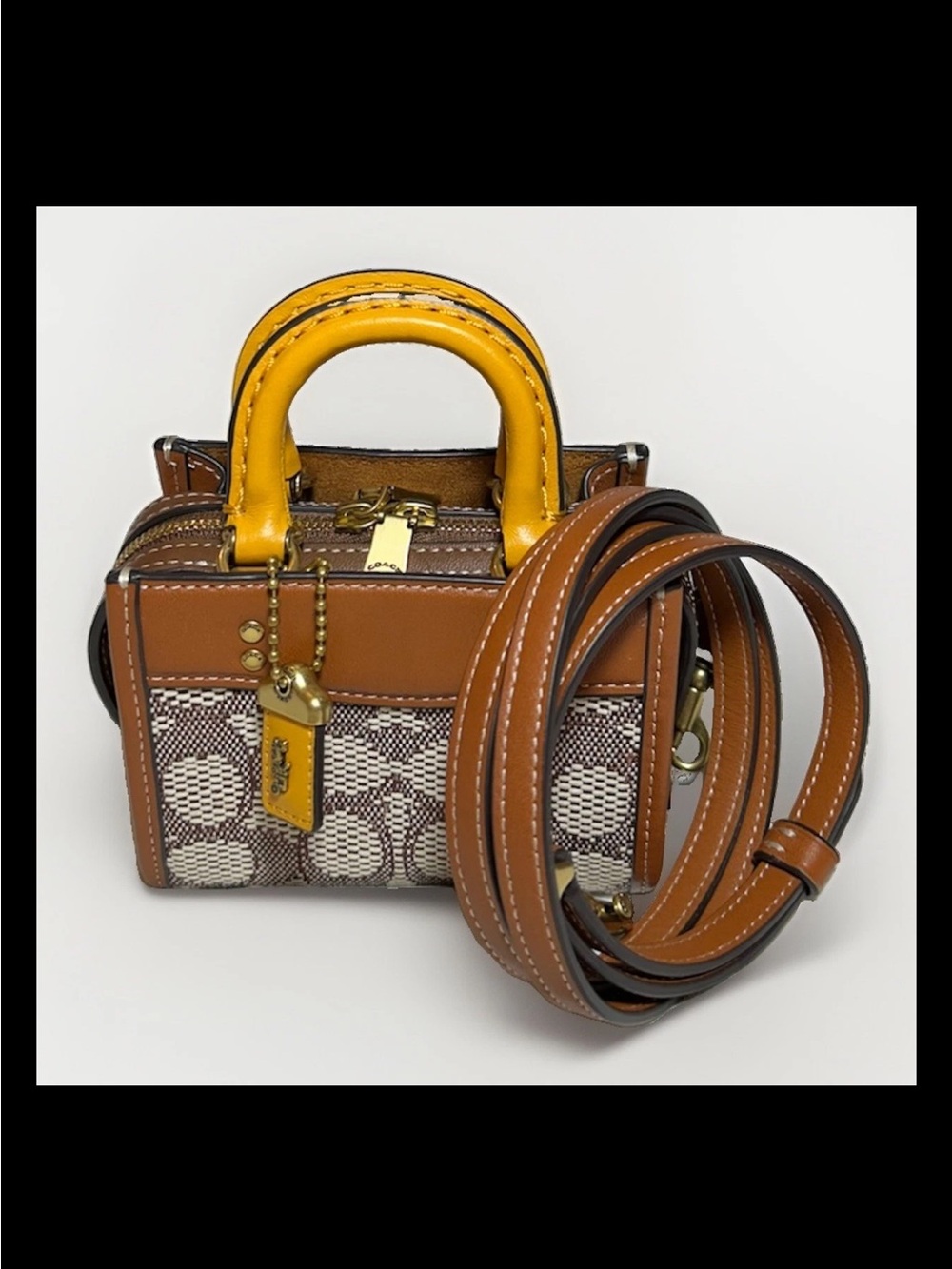 Coach Rogue 12 Mini, Textile Jacquard, Coco Burnished Amber Leather Handles